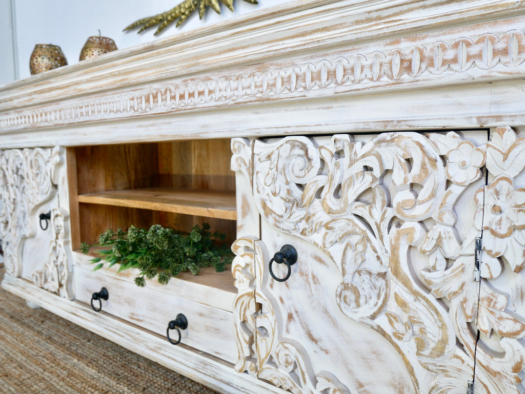 Raichur white, hand-carved wooden sideboard