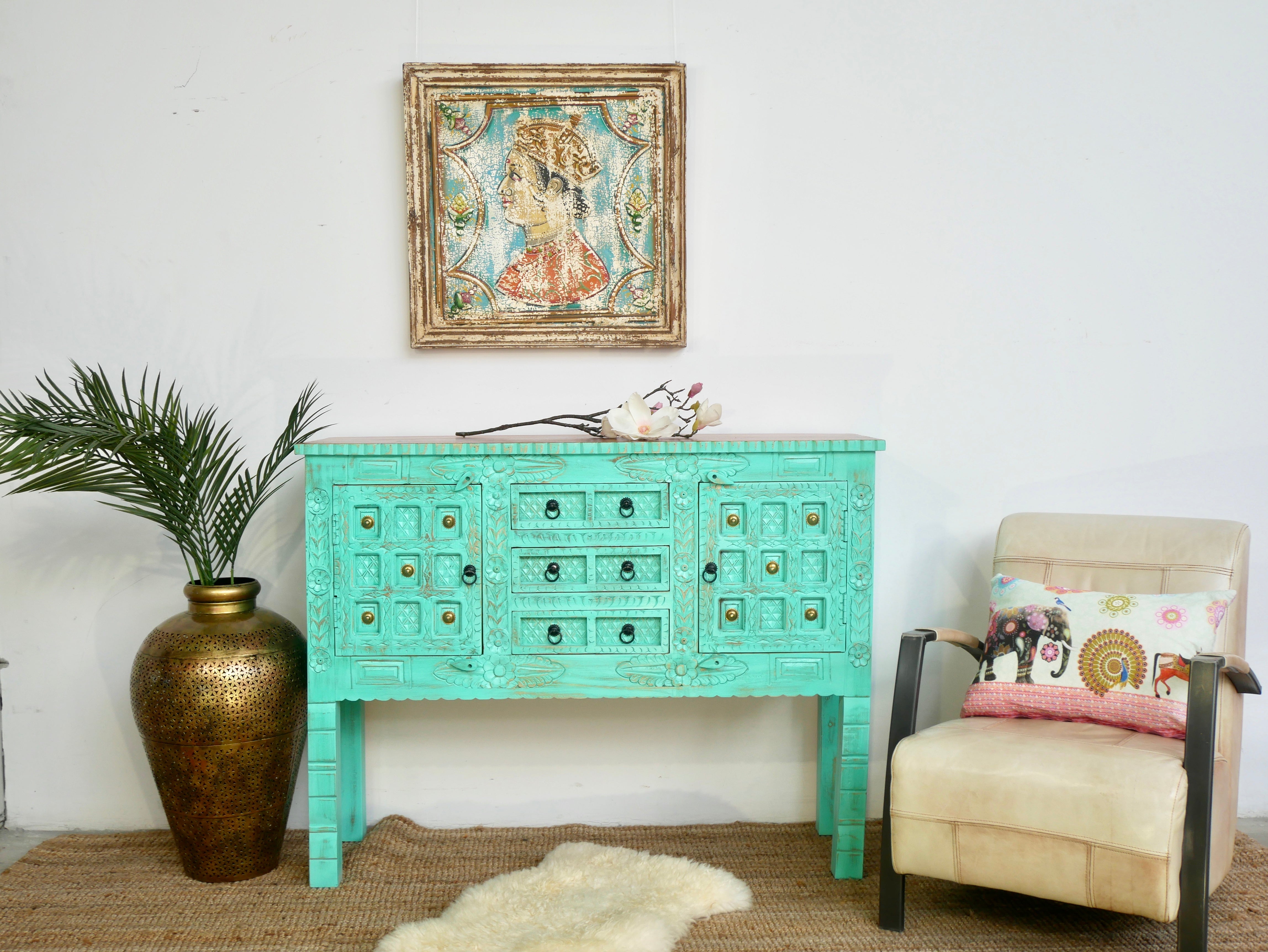 Jalna, turquoise wooden sideboard